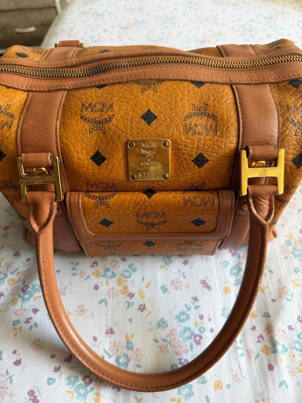 MCM Cognac Visetos Mini Satchel in Tan Leather Trim - Picture 4 of 10